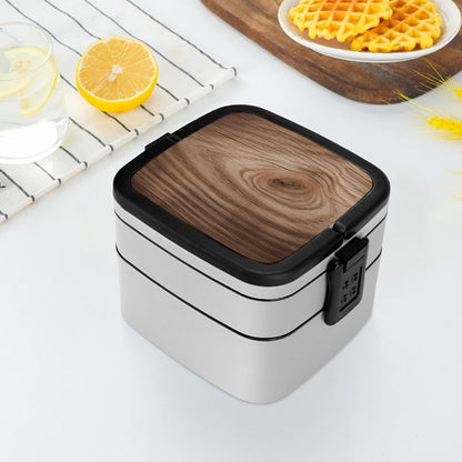 Double-Layer Wooden Grain Lunch Box | Leakproof, Large Capacity Bento Box with Spoon