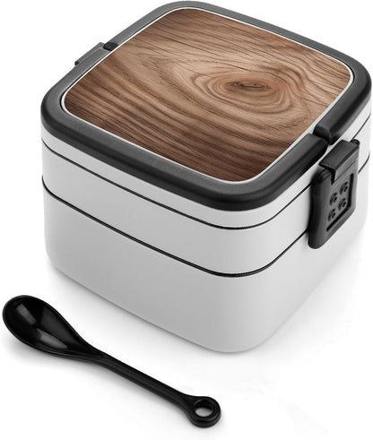 Double-Layer Wooden Grain Lunch Box | Leakproof, Large Capacity Bento Box with Spoon