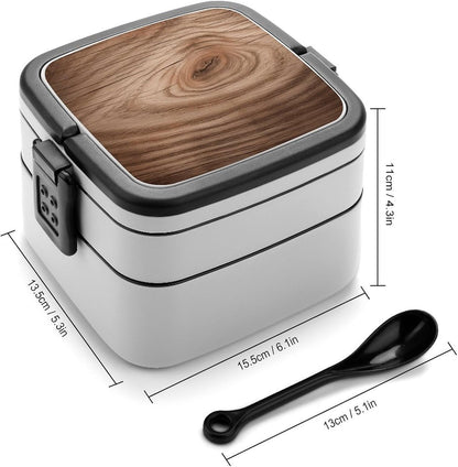 Double-Layer Wooden Grain Lunch Box | Leakproof, Large Capacity Bento Box with Spoon